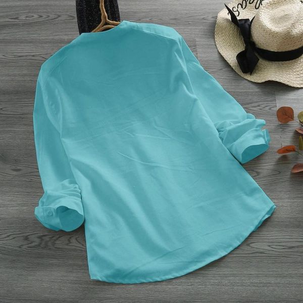 Blusas femininas de algodão linho topos casual sólido manga longa camisa blusa botão para baixo bolso solto recorte das mulheres