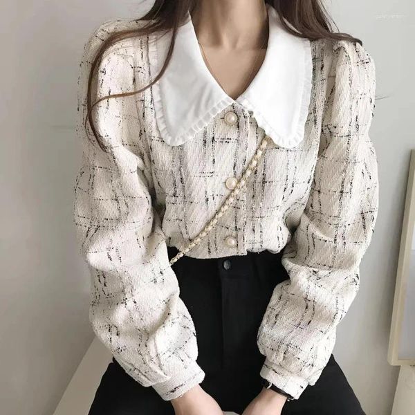 Blusas femininas elegantes vintage boneca pescoço retalhos design preto camisa xadrez jaqueta fina manga comprida outono topo francês