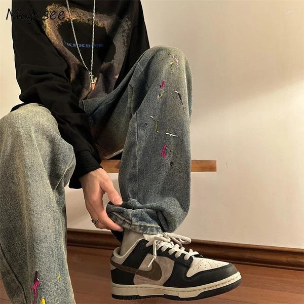 Jeans masculinos europeus elegantes homens streetwear bordado high street all-match legal reto bf unisex harajuku hip hop vibe casual