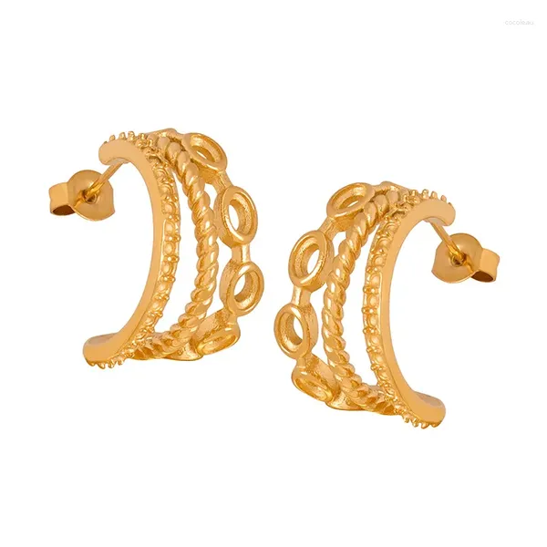 Brincos elegantes banhados a ouro 18K de aço inoxidável geométrico oco rosca três camadas brinco para mulheres textura metal post