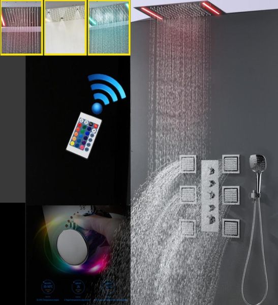 Set di miscelatori per rubinetti combinati per doccia da bagno Set di grandi dimensioni per doccia con flusso d'acqua Valvola a pioggia a cascata Soffione doccia a LED7937523