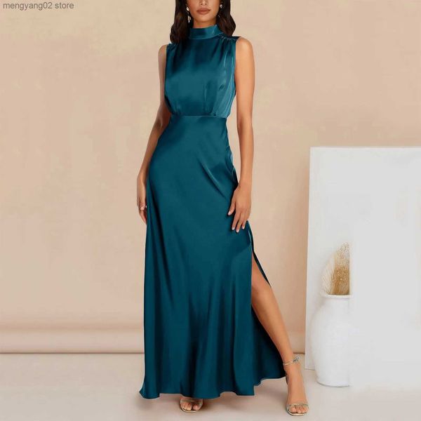 Grundlegende Freizeitkleider, Satin, ärmellos, Maxikleid für Damen, 2023, Sommer, Stehkragen, Tunika, lockeres, elegantes Kleid, Damen, Party, Club, Seitenschlitz, lange Kleider, T231026