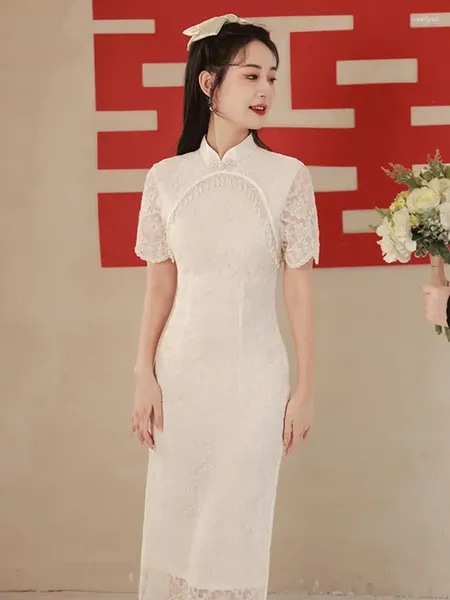 Roupas étnicas Yourqipao Chinês Cheongsam Mulheres 2023 Vestido de Noivado Laço Branco Hanfu Vestidos De Noiva Casamento Brinde Vestidos de Noite