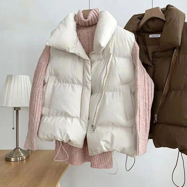 Coletes femininas Hdspq bege gola puffer mulheres outono inverno para baixo algodão colete mulher coreano sem mangas engrossar jaqueta 2023