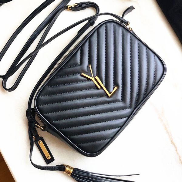 Hochwertige schwarze LOU-Kameratasche für Damen, luxuriöse Designer-Kettentaschen, Mini-Clutch-Tasche, Quasten-Handtasche, echtes Leder, Sommer-Hobo-Stepp-Umhängetasche