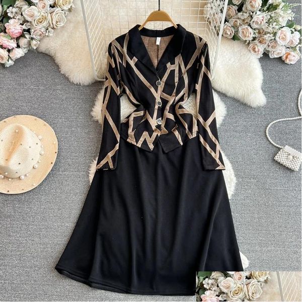 Vestidos Casuais Básicos Clothland Mulheres Vintage Preto Midi Vestido Entalhado Colarinho Manga Longa Falso Duas Peças Desgaste de Escritório Mid Bezerro Vesti DH1DV