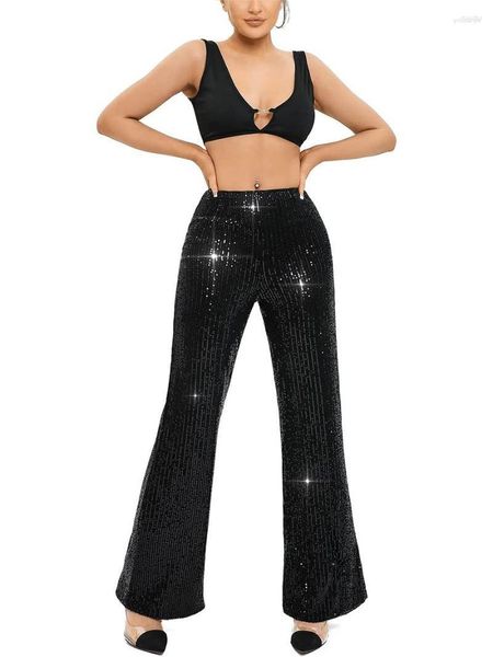 Kadınlar Pantolon Kadın Kadın Sequin Pling Flars High Wanded Geniş Bacak Parlak Glitter Bell Dipler 70s Moda Disko Parti için