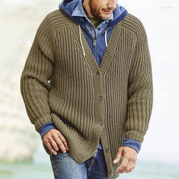Suéter masculino outono inverno moda mens sweatercoat tricô manga comprida abotoado v pescoço suéter jaqueta vintage cor sólida crochê malha