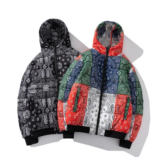 2023 Winter Jacke Männer Bandana Print Patchwork Baumwolle Gefütterte Mantel Dicke Warme Mit Kapuze Varsity College Universität Oberbekleidung