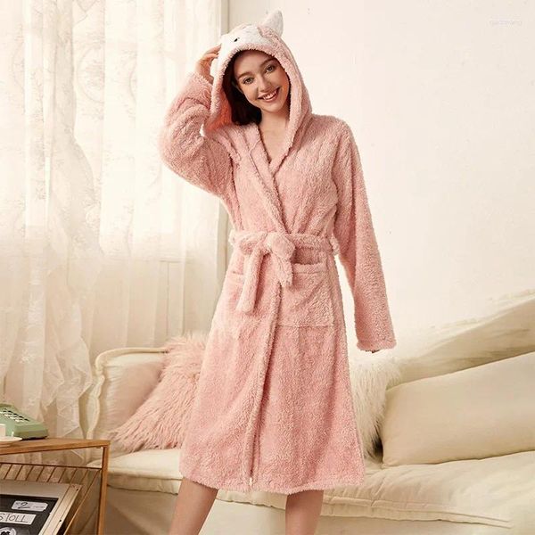 Mulheres Sleepwear Mulheres Robe Kimono Rosa Camisola Inverno Flanela Doce Com Capuz Quente Bonito Solto Aconchegante Grosso Moda Macia Senhoras Nightwear