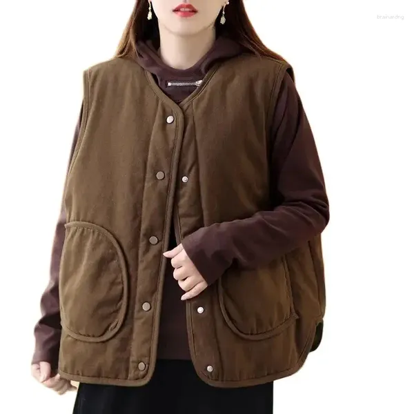 Frauen Westen Tragen Beide Seiten Baumwolle Weste Mode Halbe Runde Tasche Weste Tops 2023 Koreanische Herbst Winter Jacke Weibliche