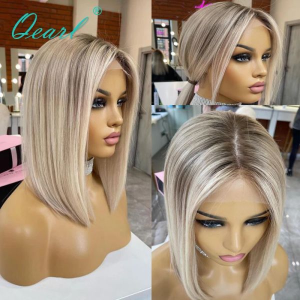 Peruca curta reta com renda frontal para mulheres, cabelo humano, cinza, loiro, marrom, cabelo humano, renda frontal, 13x4, bob, sintético