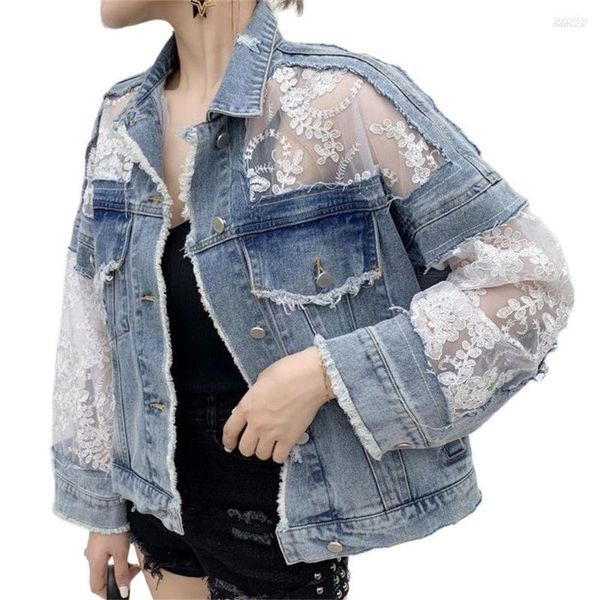 Jaquetas femininas Mulheres Denim Jaqueta Mulheres Casual Manga Longa Casaco Lace Patchwork Jeans Tops Sexy Perspectiva Bordado Flor