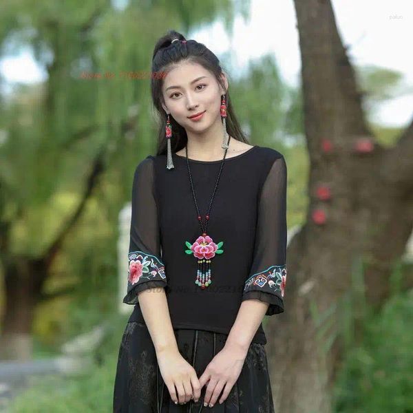 Abbigliamento etnico 2023 T-shirt vintage tradizionale cinese Fiore nazionale Ricamo Hanfu Top Camicia a rete Base orientale del vestito Tang