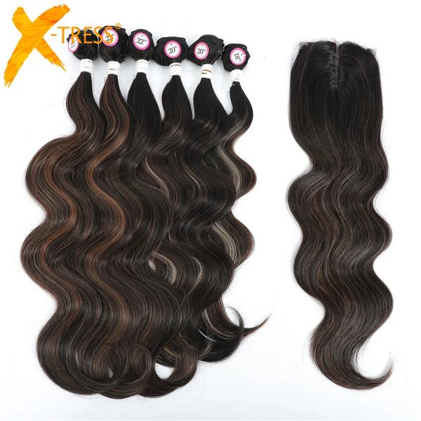 Bulks de cabelo humano xtress onda do corpo pacotes com parte média clre macio tecer sintético para mulheres negras 7pcs um pacote 231025