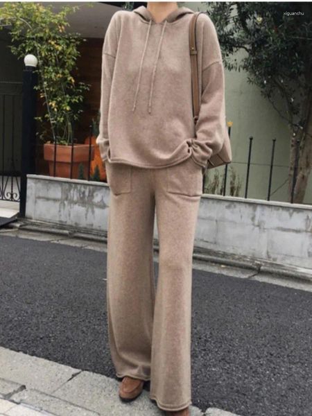 Kadınlar İki Parçalı Pantolon Vintage Kadın Moda Örme Hoodies Trailsuit Sıradan Zarif Katı Şık Sweater Üstü Geniş-Bleg 2 Parça Kadın