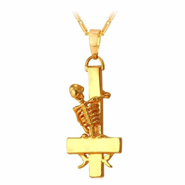 Colares Pingente U7 Invertido St Peter Cross Colar Cor de Ouro Crânio Gótico Oculto Satânico Homens Jóias Diabo De Cabeça Para Baixo P823337R