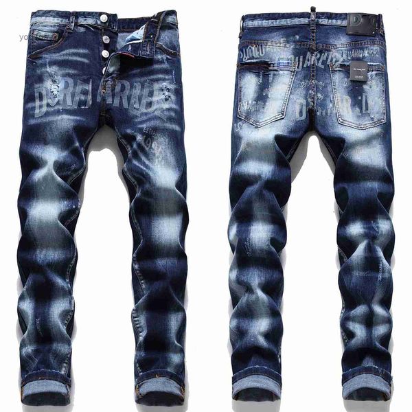 Мужские джинсы Легкие роскошные мужские облегающие эластичные синие джинсовые брюки с принтом Декоры Рваные повседневные джинсы Стильные сексуальные уличные джинсы; L231026