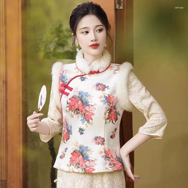 Coletes femininas outono e inverno colete estilo chinês jovem vintage espessado gola de pele colete quente jaqueta de algodão qipao casaco z3479