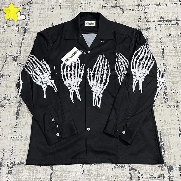 Camisas casuais masculinas verão fino impressão completa esqueleto fantasma garra camisa homens mulheres 1:1 oversized havaí praia de manga comprida hip hop top dentro