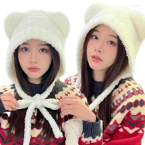 Berets y2k chapéu de malha quente bonito urso orelha lã chapéus moda cor sólida casal frio tampão crochê proteção outono inverno bonés