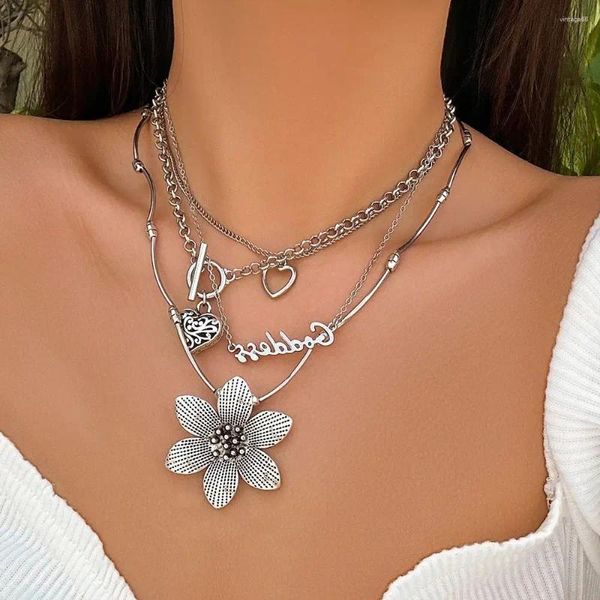 Anhänger Halsketten PuRui Punk Silber Farbe Große Blume Halskette Mehrschichtige Herz Brief Blütenblatt Charme Choker Für Frauen Kragen Schmuck Party