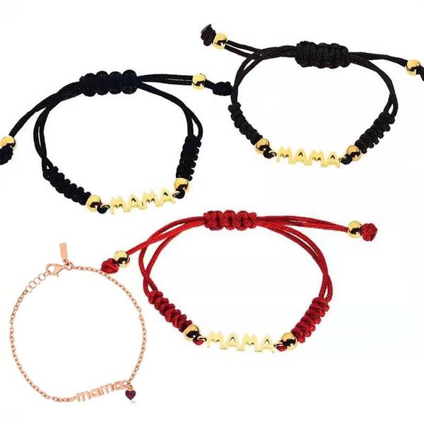 Pulseiras com pingentes de letra Mama em aço de titânio com cordões vermelhos pretos e marrons trançados Mãe amor pulseira de coração de cristal ouro rosa a253B