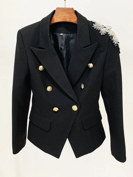 Blazer für Damenanzüge, HOHE QUALITÄT, est-Modedesigner-Jacke, atemberaubende Blumenapplikationen, Perlen-Zweireiher-Blazer mit Löwenknöpfen 231025