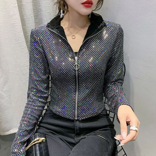 Mulheres de couro falso jaqueta de outono mulheres glitter lantejoulas jaqueta curta moda feminina manga longa design sentido sexy camisa de fundo 231026