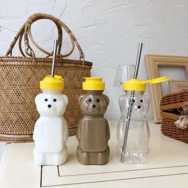 Garrafas de água 5 peças 240ml urso kawaii bonito desenho animado garrafa de plástico transparente com canudo criativo portátil estudante crianças copo