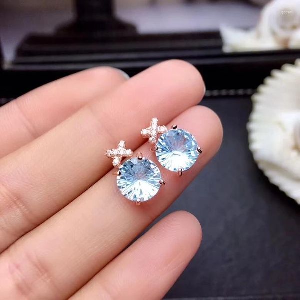 Brincos de garanhão moda elegante redondo céu natural azul topázio pedra preciosa 925 prata feminino presente de festa joias finas