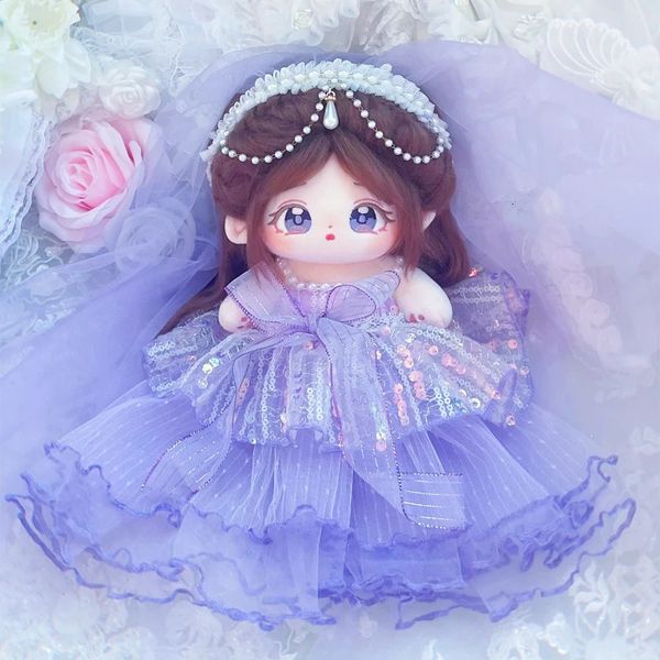 Bonecas artesanais 3pcsset roupas de boneca 202530cm roxo vestido de casamento pérola headdress kpop roupa de pelúcia brinquedos bebê cos terno 231025