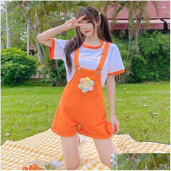 Shorts femininos mulheres japonês harajuku laranja macacão para mulheres menina verão kawaii bonito suspender macacão férias adolescente vacatio dhnob