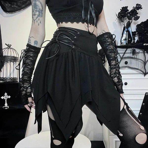 Saias Harajuku Goth Algodão Japonês Mini Xadrez Irregular Criss Cross Cintura Alta Punk Plissado Sexy Cosplay Verão