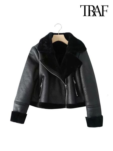 Women's Jackets TRAF Women Fashion Thick Warm Winter Fur Faux Leather Cropped Jacket Coat Vintage Long Sleeve Female Outerwear Chic Tops 231026