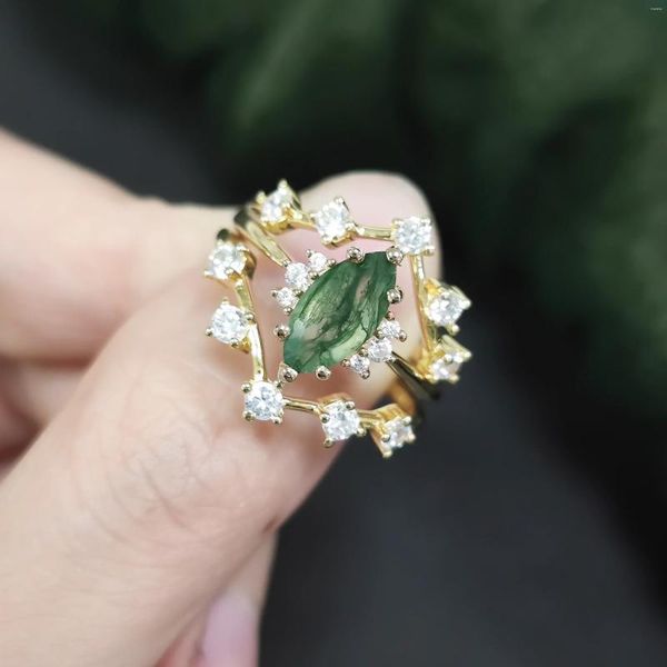 Cluster Rings GEM'S BALLET Natural Moss Agate Engagement Ring Set 925 Sterling Silver For Women Bridal Wedding Promise Love Token Jewelry