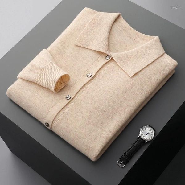 Suéteres masculinos Mvlyflrt 2023 Merino Wool Cashmere Sweater Polo Collar Casual Knit Cardigan Moda Quente Jake Outono Inverno