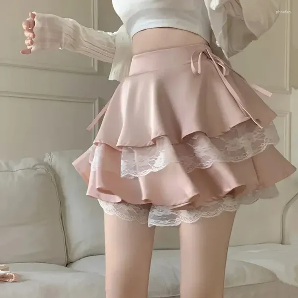 Etekler siyah fırfır mini etek kadınlar peri kawaii dantel patchwork çift katman lüks sevimli yüksek bel bandaj seksi kısa