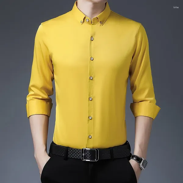 Erkekler Sıradan Gömlekler Düğün için Sarı Pürüzsüz İpek Elbise Giyim Giyim Beyin Kırmızı Satin Sosyal Bluz Büyük Boyut Kraliyet Mavi Buttom