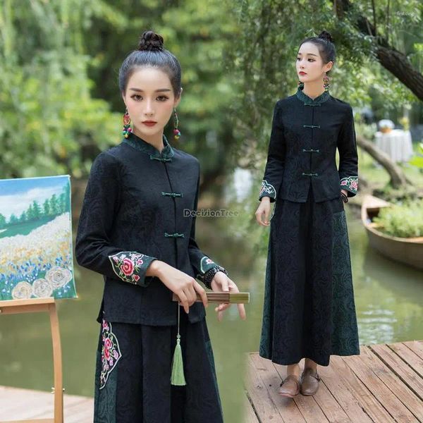Abbigliamento etnico 2023 Autunno stile nazionale cinese classico ricamo cappotto colletto alla coreana bottone cheongsam camicetta di lino in cotone femminile S831