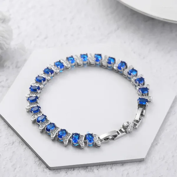 Braccialetti a maglie Foydjew Elegante catena di zaffiri artificiali in cristallo ovale blu di lusso Bracciale per accessori da sposa per donna