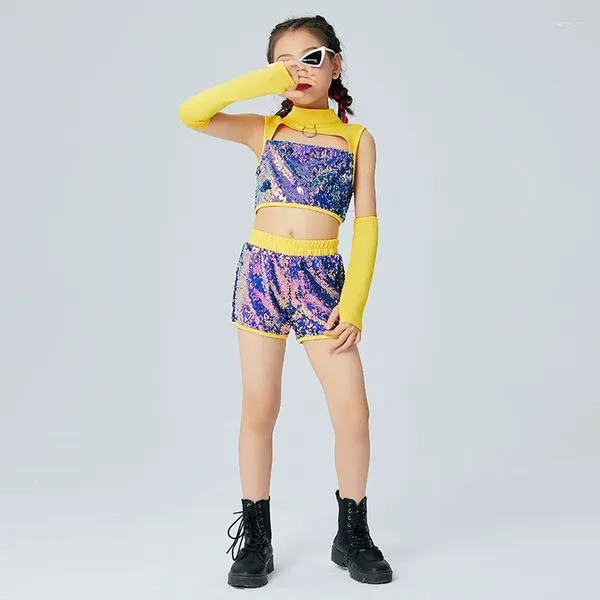 Palco desgaste 2023 trajes de dança jazz para meninas lantejoulas roupas crianças modernas hip hop roupas desempenho dqs9660