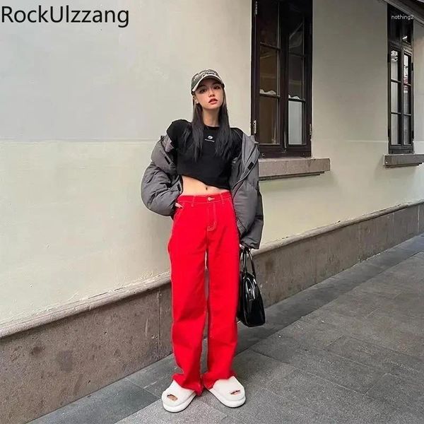 Calças de brim femininas cor sólida vermelho denim calça plus size jean calças femininas moda casual y2k calças harajuku vintage alta streetwear coreano