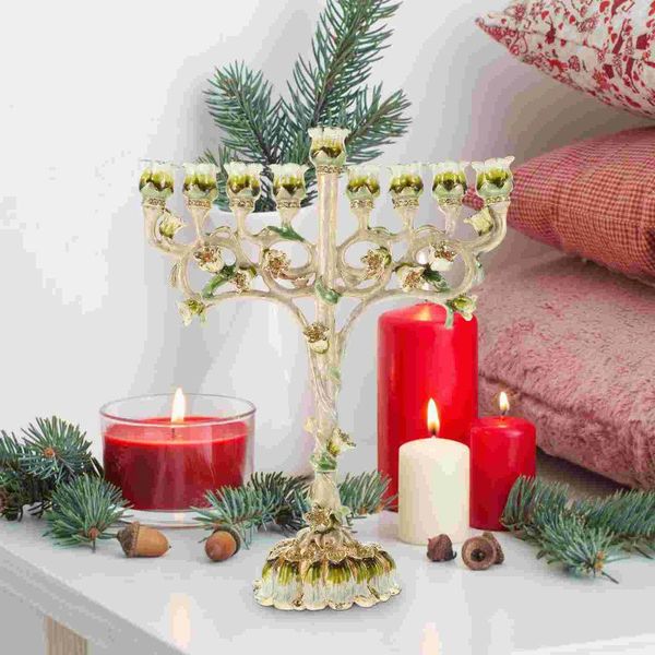 Portacandele Hanukkah Menorah Supporto da tavolo da pranzo Decorazione di nozze Supporto per candeliere conico in lega Soggiorno