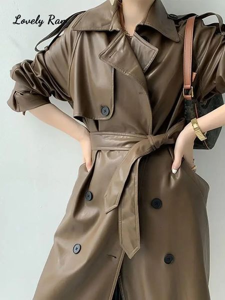 Women's Leather Faux Leather Autumn Retro Women's Coat Y2K Belt Leather Long Sleeve Slim Button Pocket Female Jacket Street Korean Solid Chic Lady Clothes 231026