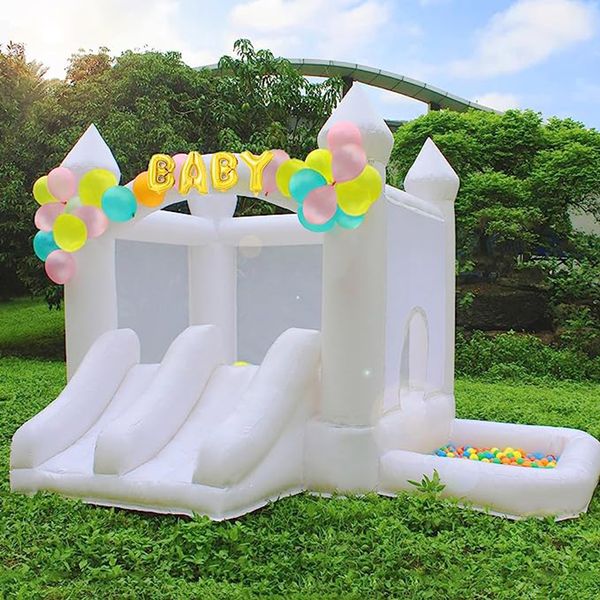 Casa branca do salto para crianças castelo bouncy inflável com corrediça dupla, piscina de bolinhas do quintal do bebê para o presente da festa do parque