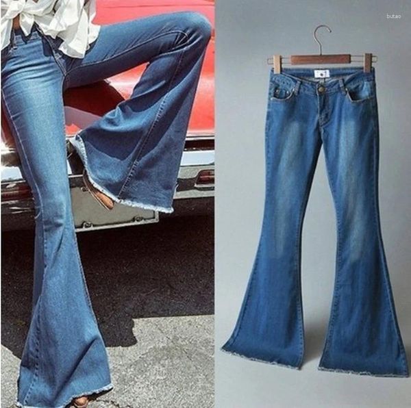 Jeans da donna elasticizzati a vita alta slim fit denim tasca con bottoni casual pantaloni svasati dritti