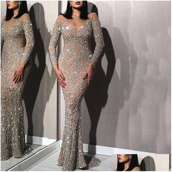 Evening Dresses 2021 Sequined Evening Dresses Off Shoder Long Sleeves Side Split Prom Celebrity Gowns Feather Y Plus Size Formal Drop Dh2M5