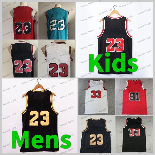 Retro Erkek Çocuk Basketbol Forması 33 Scottie Pippen Erkekler #1 Derrick Rose 91 Dennis Rodman Formaları Beyaz Kırmızı Siyah Stripes Tüm Dikişli Retro Chi Erkek Tişört #23