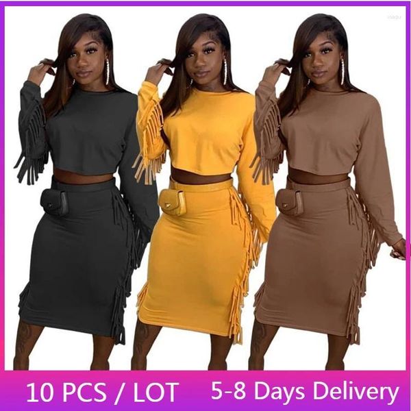 Vestidos de trabalho itens por atacado elegante moda vestido define feminino outono colheita superior e midi saia conjunto streetwear casual borlas clube outfits